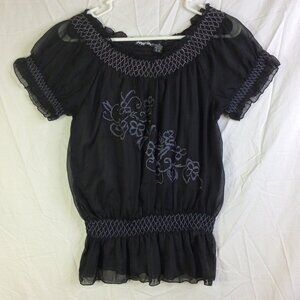 PLANET GOLD Sheer Floral Blouse Ruffled Smocked Embroidered Black Grey Poly Medi